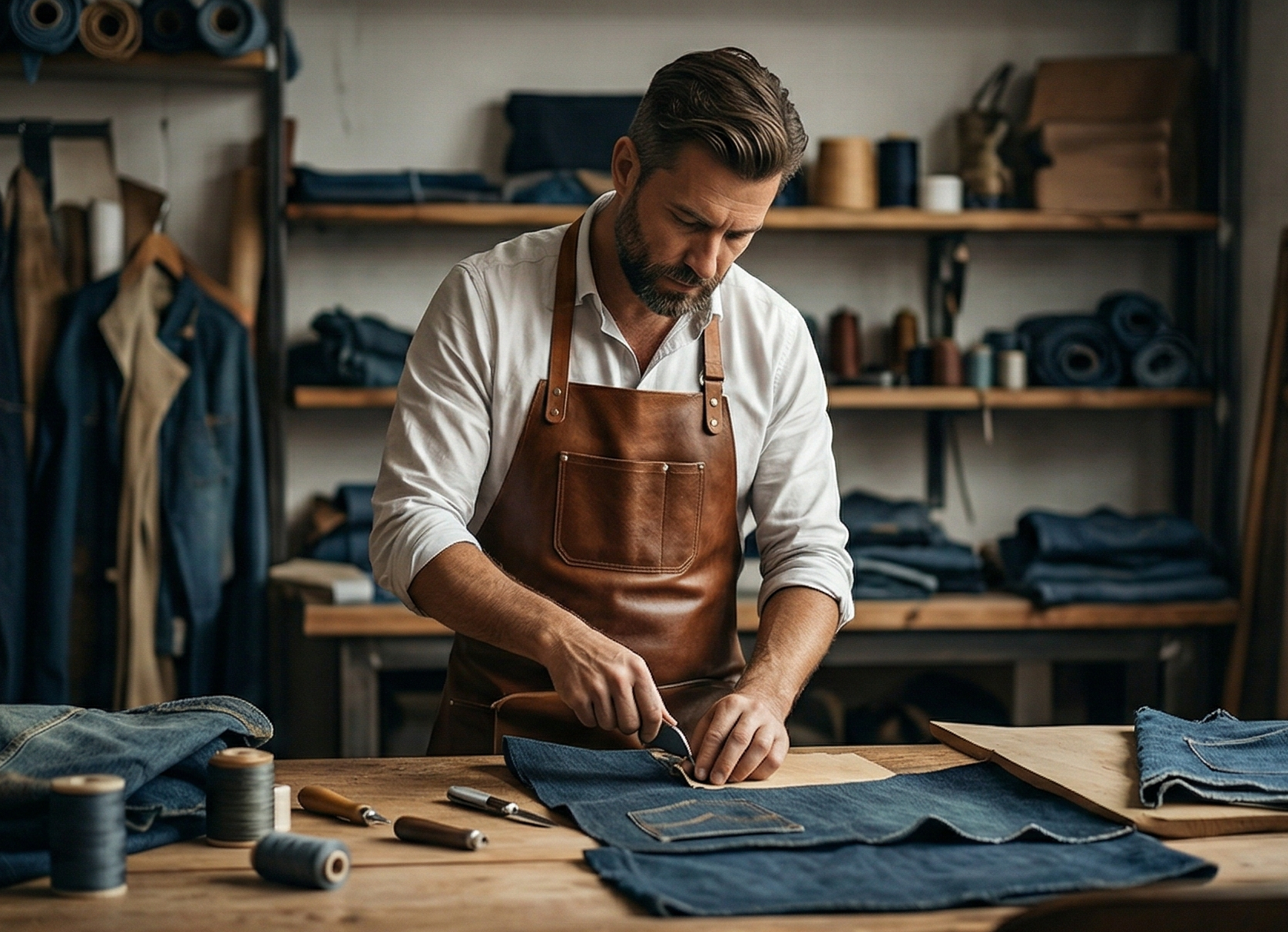 Man tailoring denim workshop
